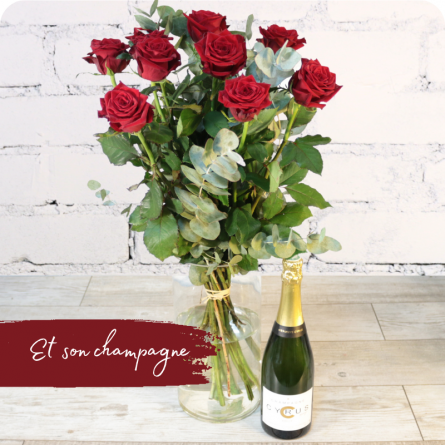 Fleuriste Nancy - bouquet de roses rouges et bouteille de champagne