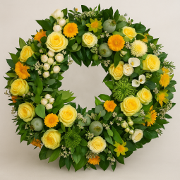 Fleurs deuil, deces et enterrement Nancy par fleuriste Interflora : Clarté, couronne de fleurs rayonnante.