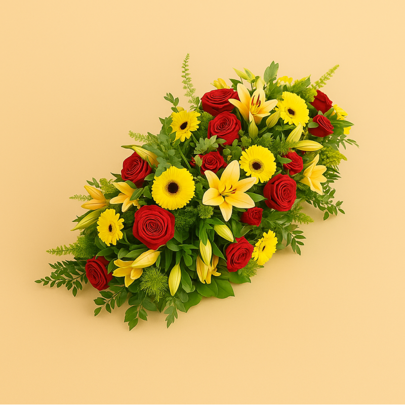 Fleurs deuil, deces et enterrement Essey par fleuriste Interflora raquette de fleurs colorées