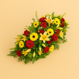 Fleurs deuil, deces et enterrement Essey par fleuriste Interflora raquette de fleurs colorées