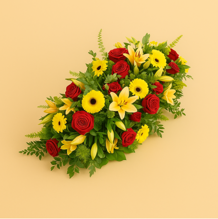 Fleurs deuil, deces et enterrement Essey par fleuriste Interflora raquette de fleurs colorées Fleurs deuil, deces et enterrement Essey par fleuriste Interflora raquette de fleurs colorées