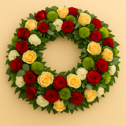 Fleurs deuil, deces et enterrement Nancy par fleuriste Interflora : Sentiment, couronne de roses rouges et saumonées.