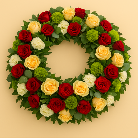 Fleurs deuil, deces et enterrement Nancy par fleuriste Interflora : Sentiment, couronne de roses rouges et saumonées. Fleurs deuil, deces et enterrement Nancy par fleuriste Interflora : Sentiment, couronne de roses rouges et saumonées.