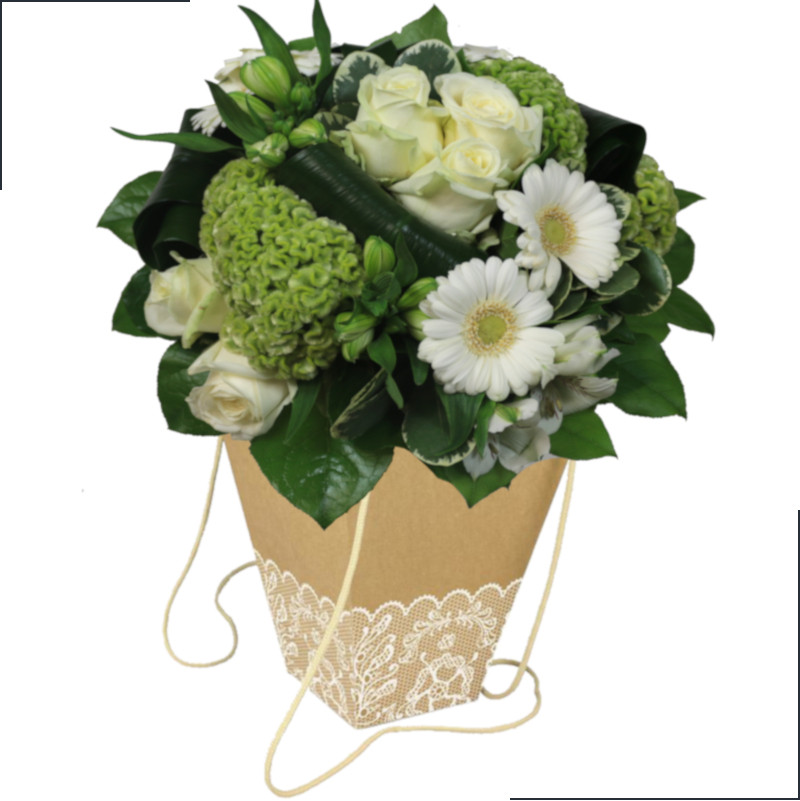 Fleurs deuil, deces et enterrement Nancy par fleuriste Interflora : bouquet bulle rond de fleurs blanches Colombe